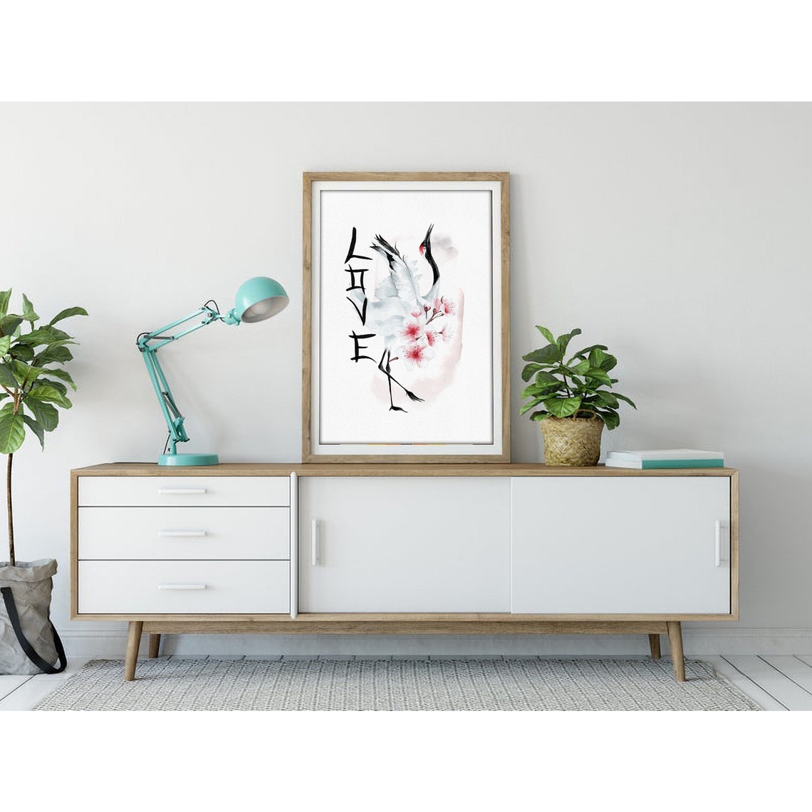 Crane with Cherry Blossoms and Love Calligraphy Japanese Poster - Image 3