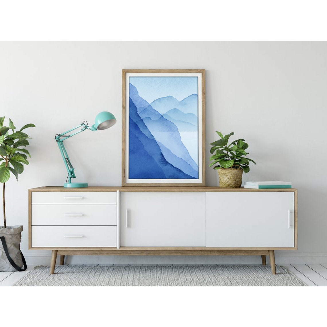 Blue Gradient Mountain Layers Serene Watercolor Landscape Poster - Image 3