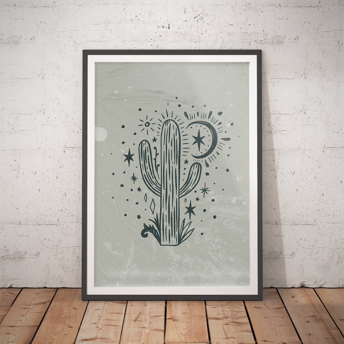 Sage Green Cactus with Sun Moon Stars Celestial Poster for Modern Home Decor