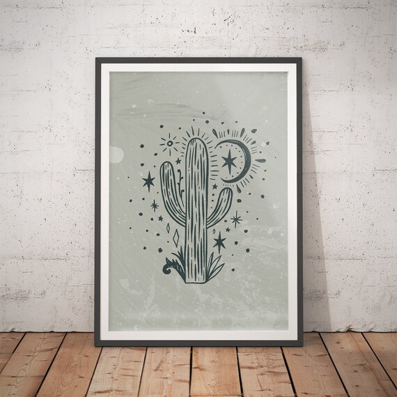 Sage Green Cactus with Sun Moon Stars Celestial Poster for Modern Home Decor