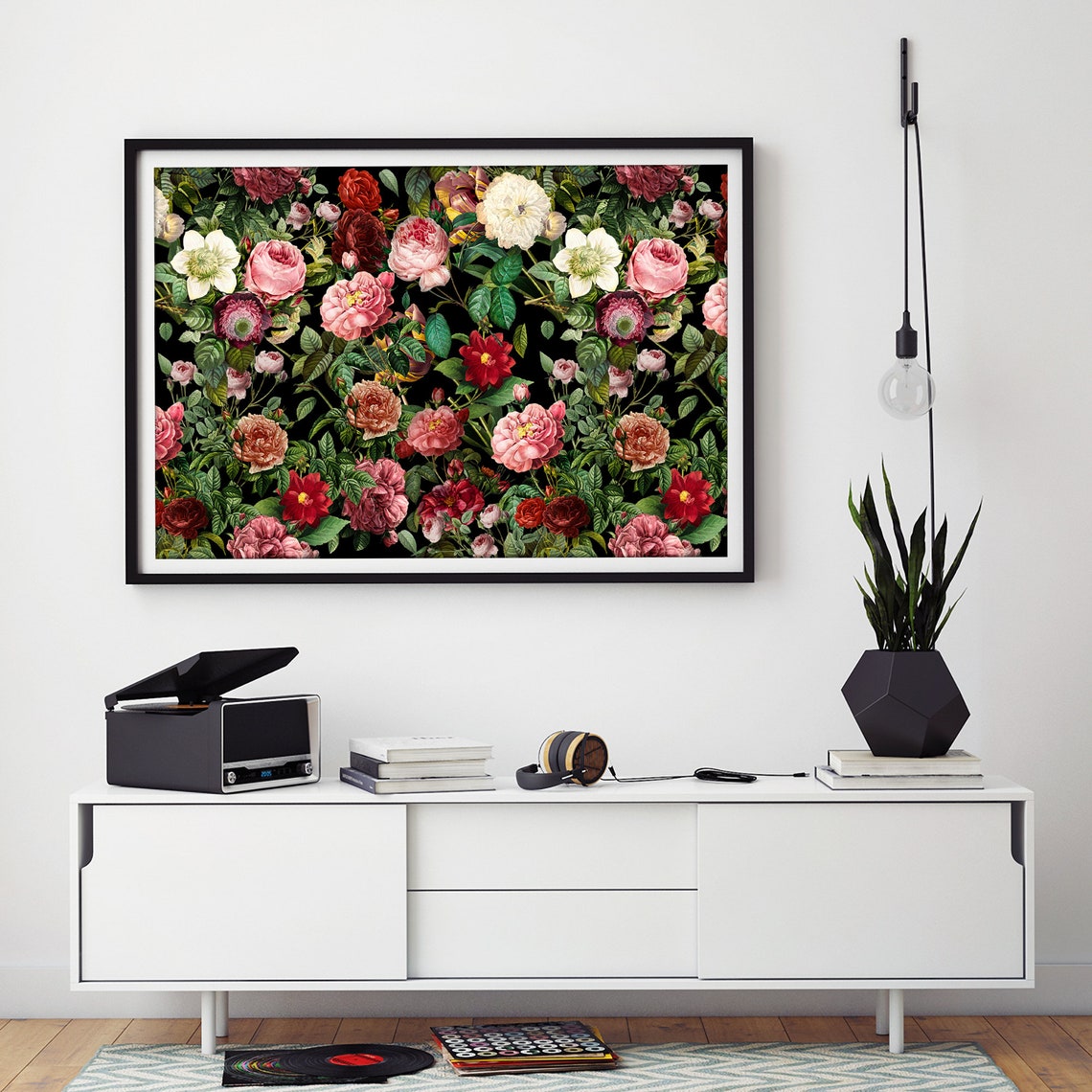 Vintage Rose Garden with Blush and Red Blooms on Black Poster - Image 2