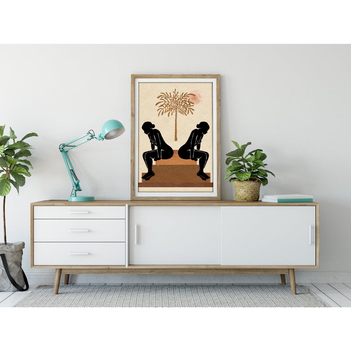 Mirrored Black Seated Women Gold Palm Sun Poster for Modern Home Decor - Image 3