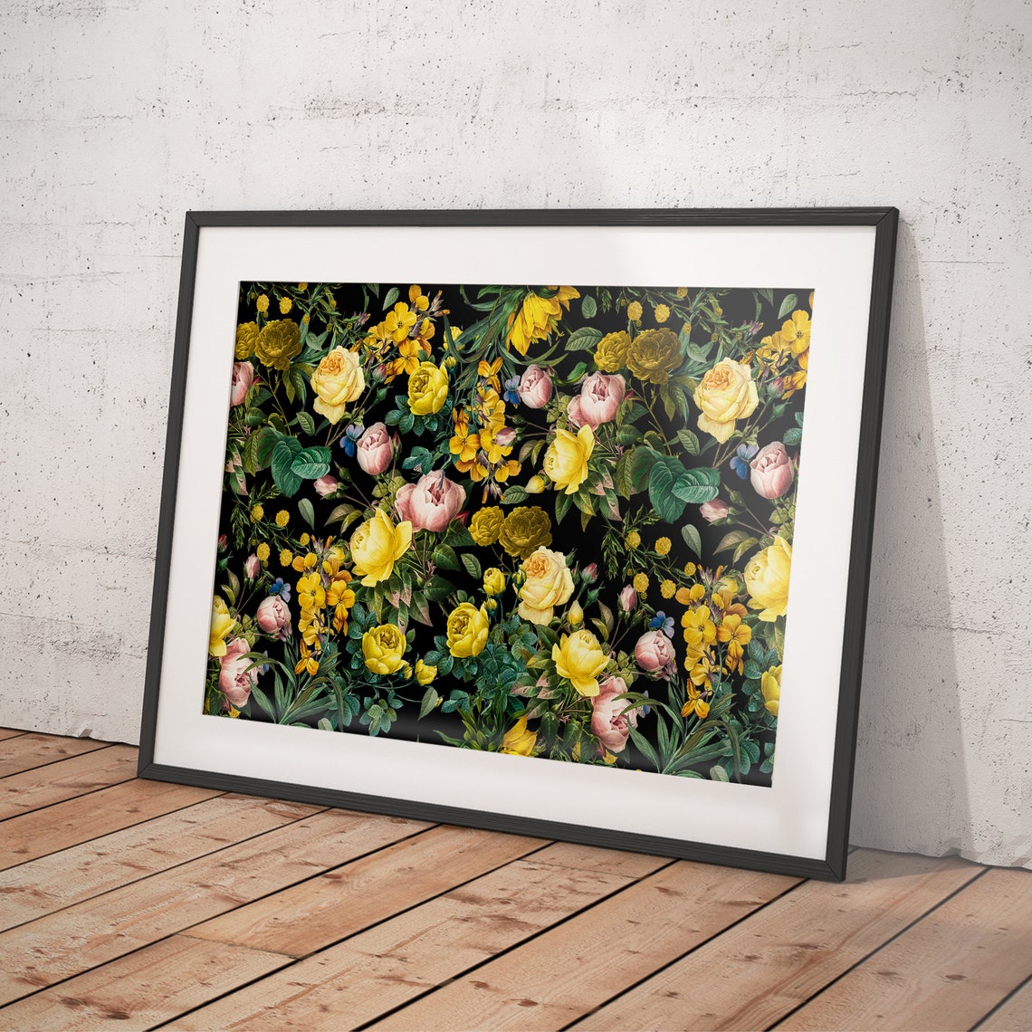 Vintage Yellow Roses and Wildflowers on Black Botanical Poster - Image 4