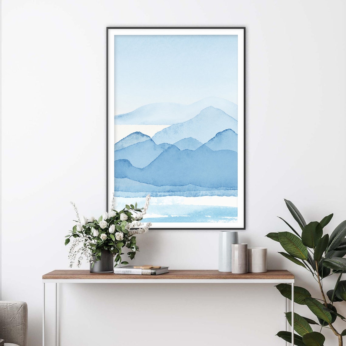 Soft Blue Mountains Over Calm Water Serene Watercolor Poster - Image 2