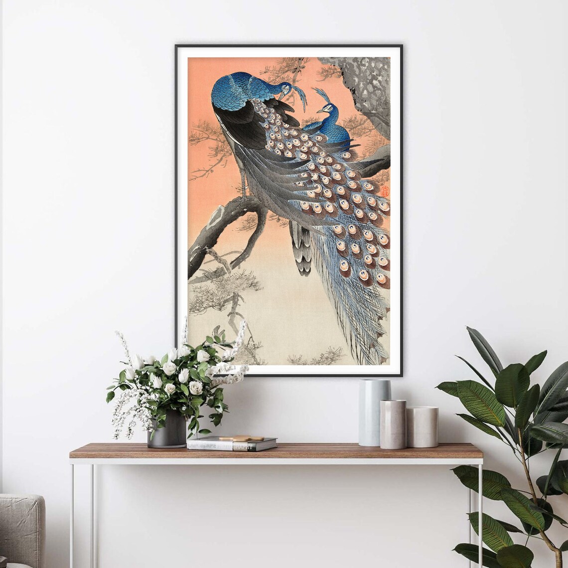 Two Peacocks on Tree Branch, Vintage Art Print - Image 2