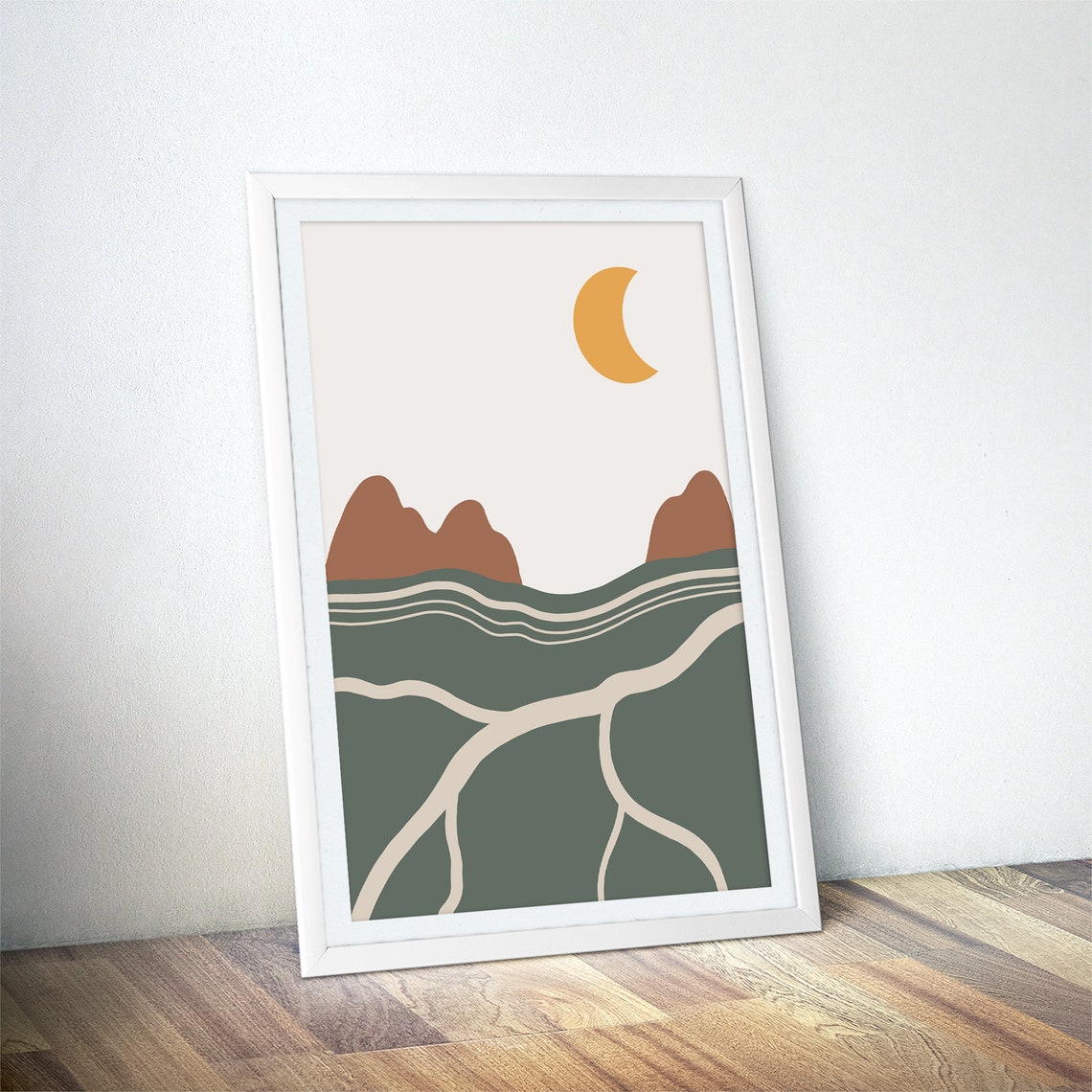 Crescent Moon Over Sage Green Hills And Valley Modern Landscape Poster - Image 4