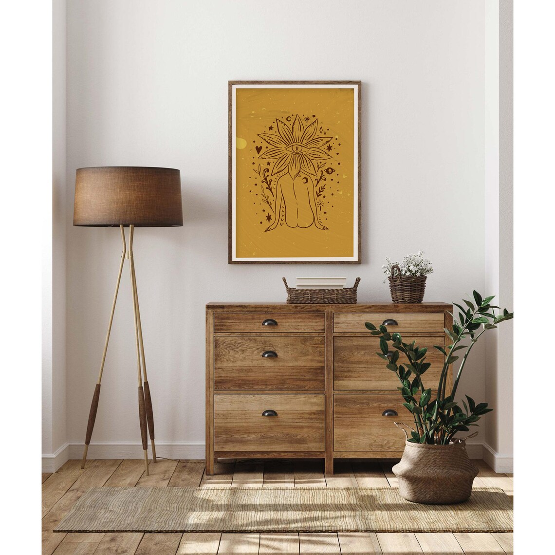 Surrealist Flower Eyed Woman Mustard Line Art Poster for Modern Home Decor - Image 2