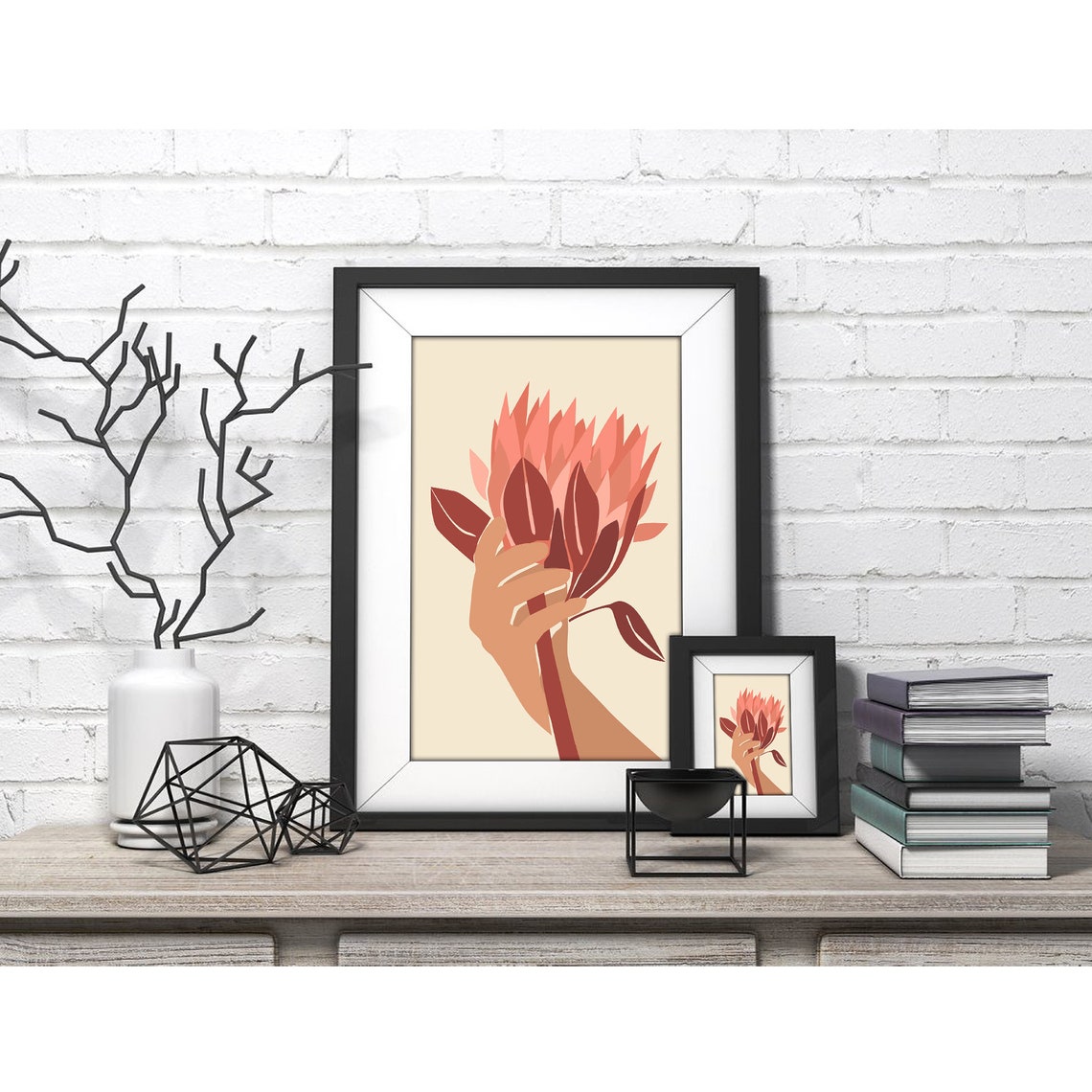 Stylized Hand Holding Coral Protea Flower Poster for Modern Home Decor - Image 4
