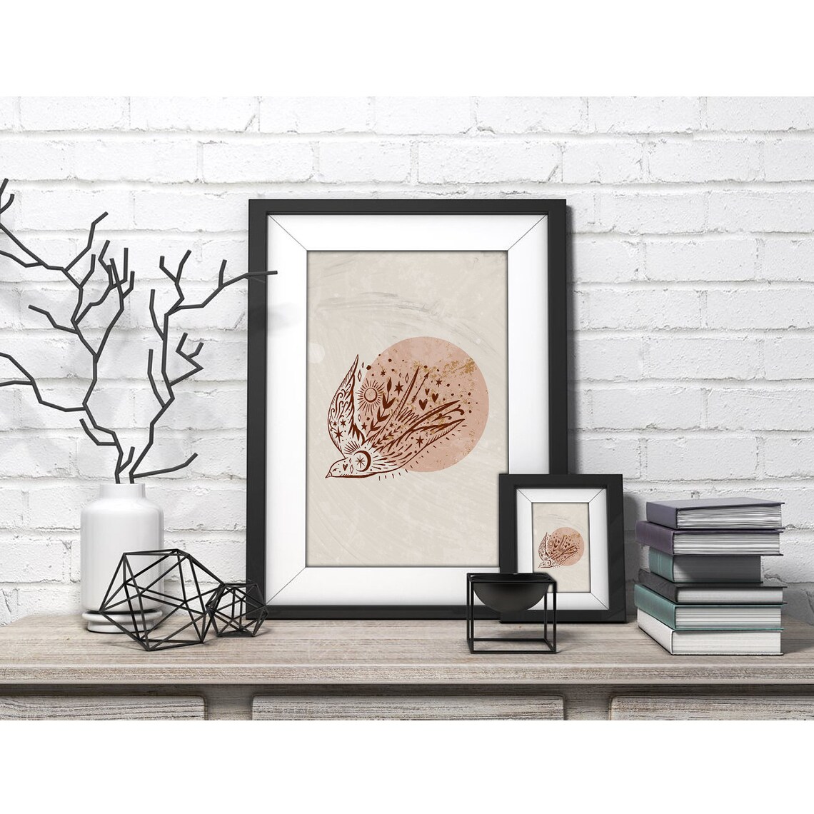 Terracotta Bird in Flight over Blush Sun Stars Poster for Modern Home Decor - Image 4