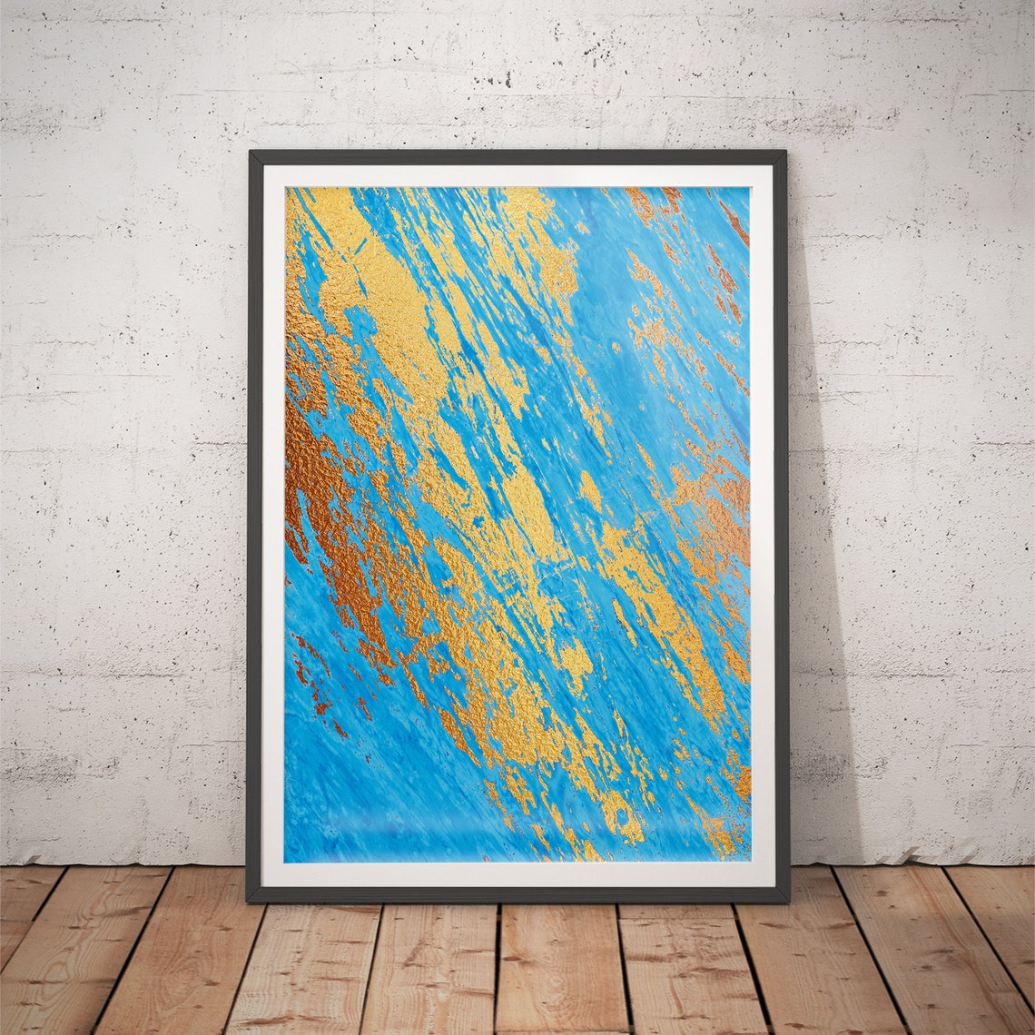 Bright Turquoise Blue Gold Brushstroke Bold Abstract Art Poster