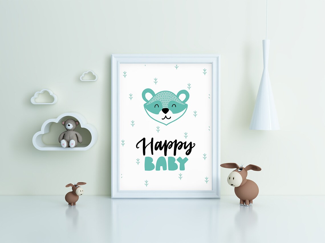 Happy Baby Smiling Raccoon Nursery Poster Mint Baby Shower Room Decor - Image 3