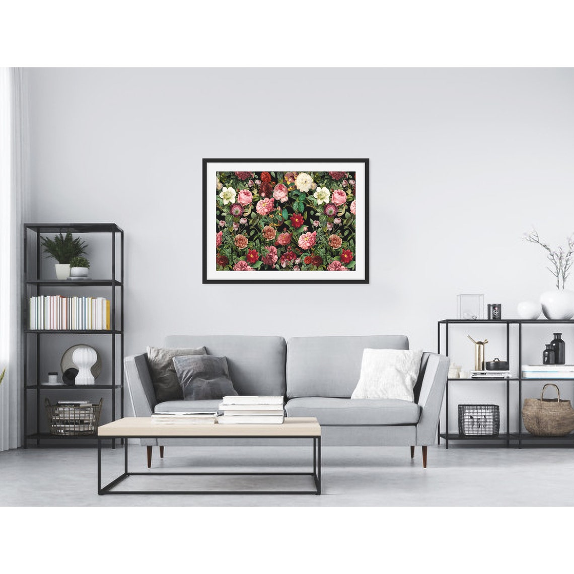 Vintage Rose Garden with Blush and Red Blooms on Black Poster - Image 3