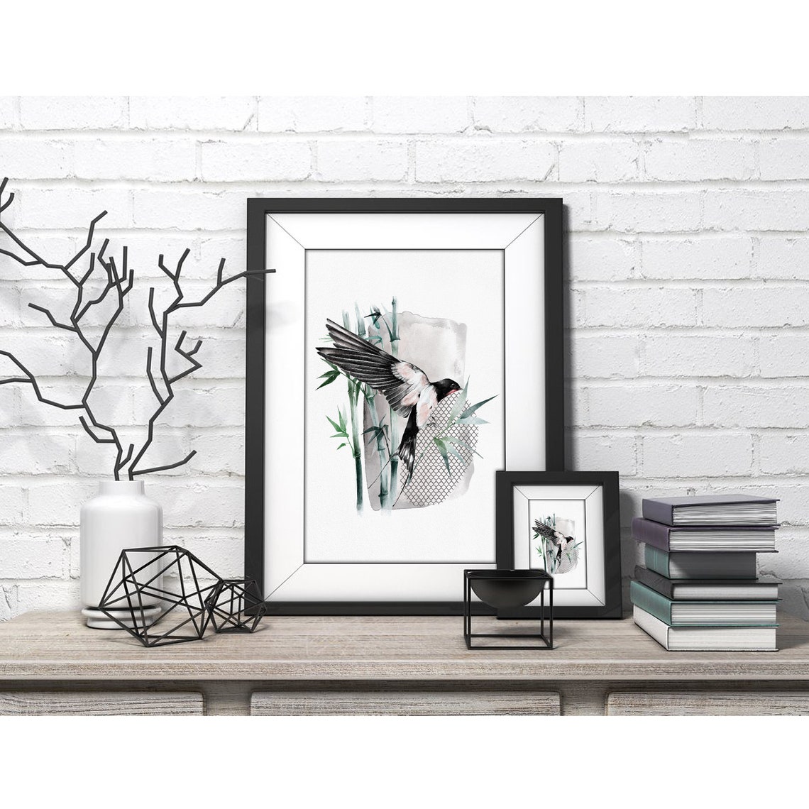 Flying Swallow Among Bamboo Stalks Japanese Watercolor Poster - Image 4