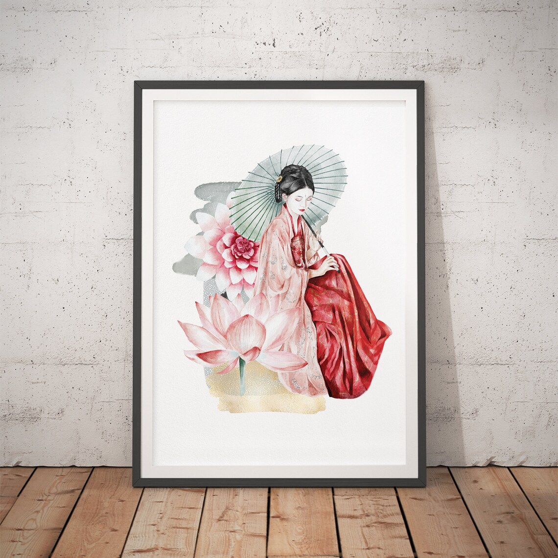 Japanese Woman with Parasol and Lotus Flowers Watercolor Poster