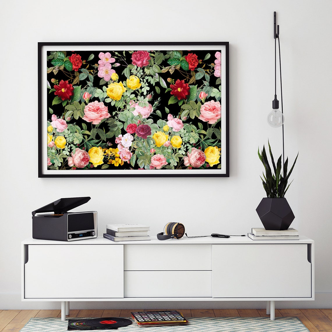 Vintage Roses with Yellow and Red Dahlias on Black Art Poster - Image 2