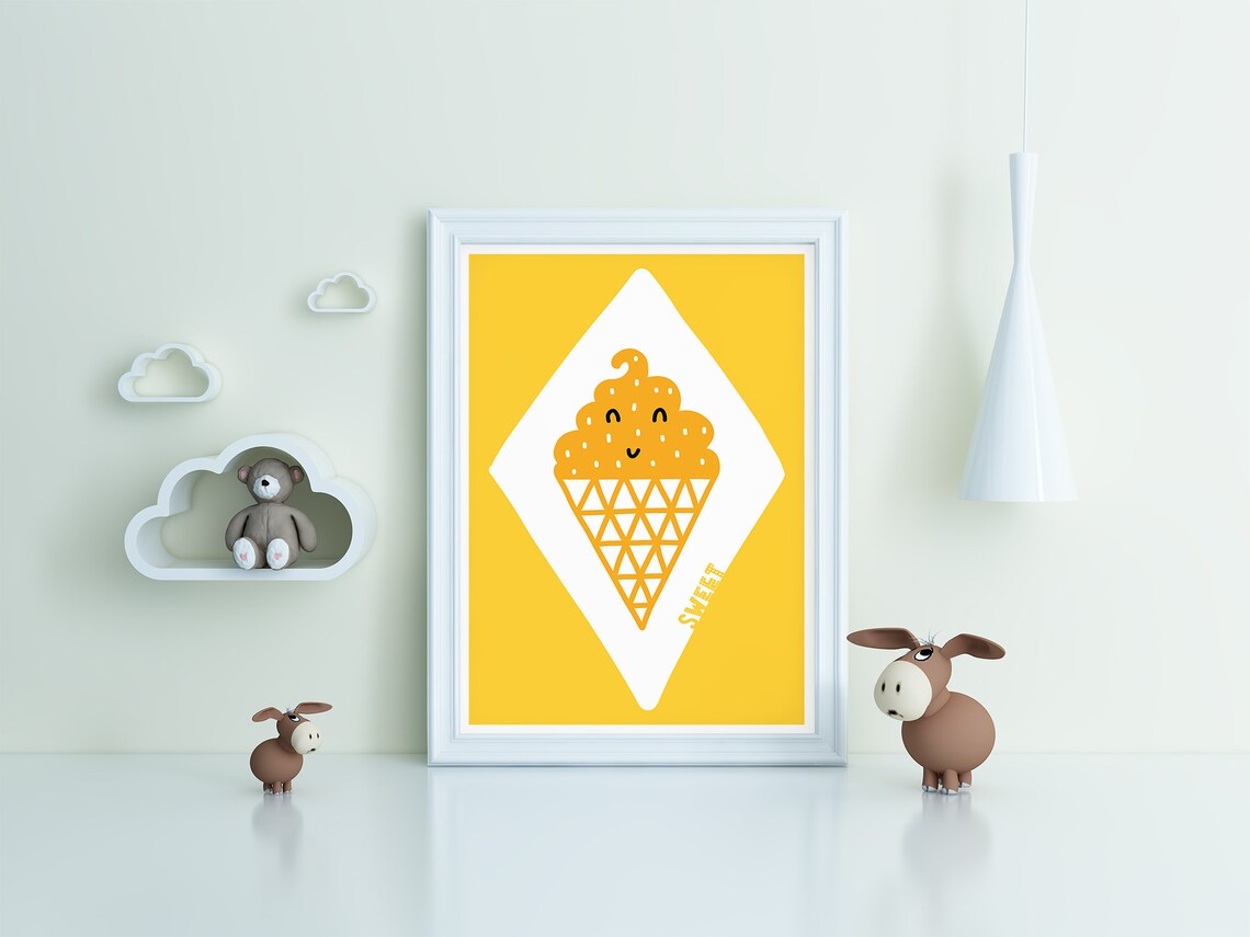 Smiling Ice Cream Cone Yellow Diamond Sweet Nursery Art Poster - Image 3
