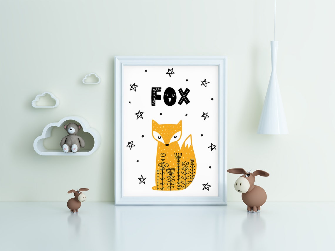 Fox Scandi Nursery Poster Yellow Floral Fox Kids Bedroom Playroom Art - Image 3