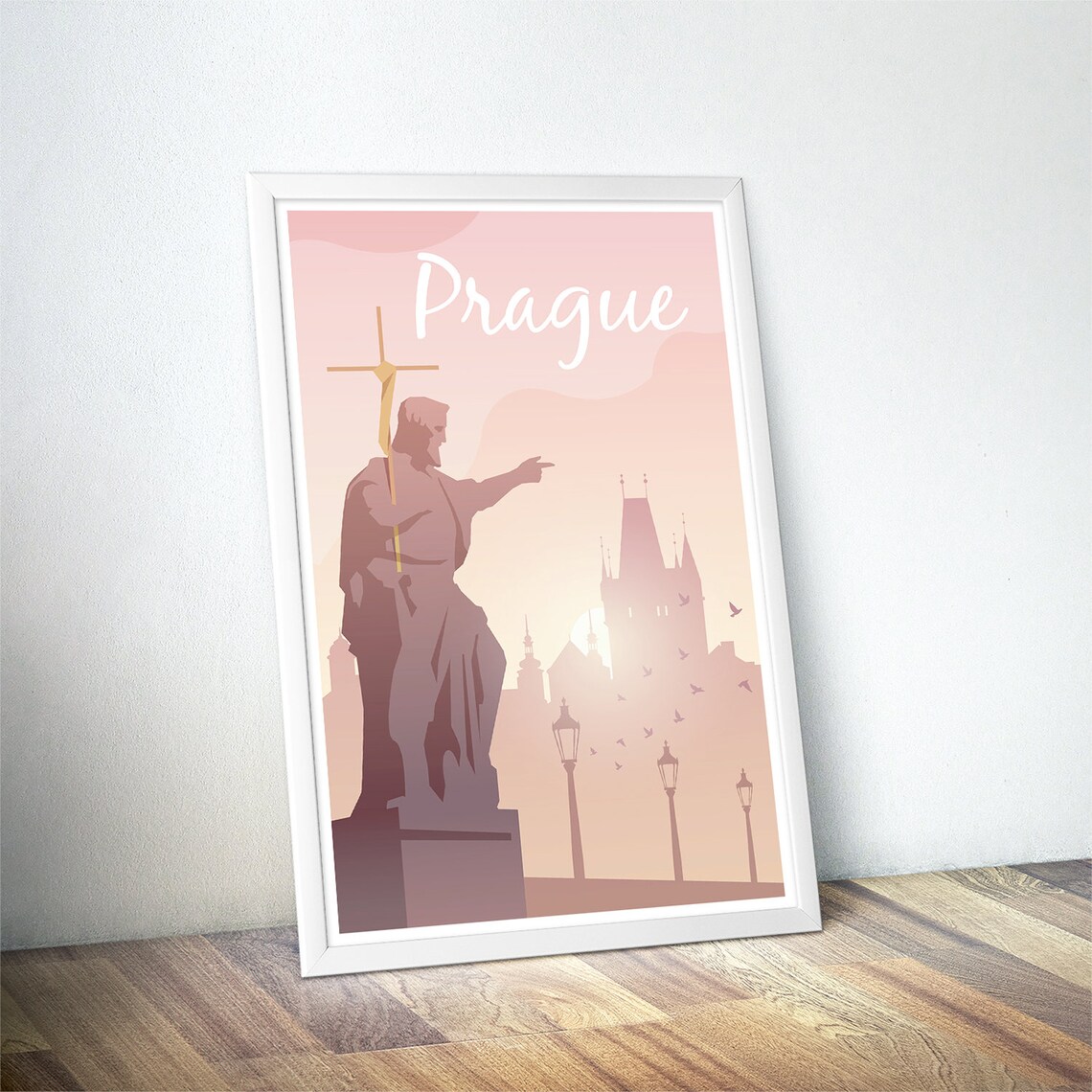 Prague Pastel Statue Old Town Skyline Minimalist Travel Wall Art - Image 4