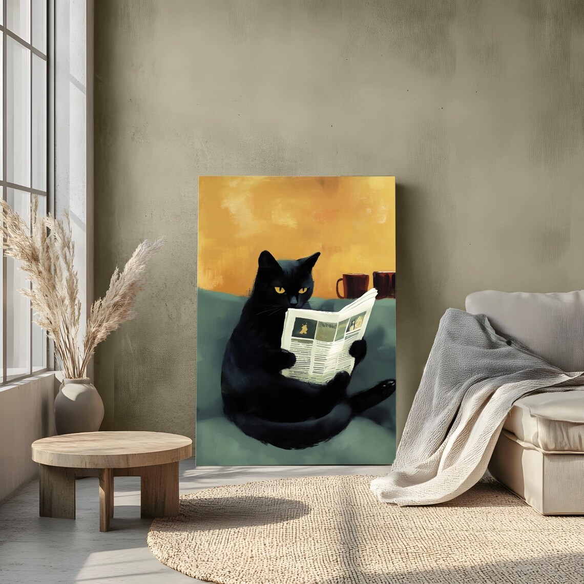 Cat Reading Newspaper, Abstract Beach Decor - Image 2