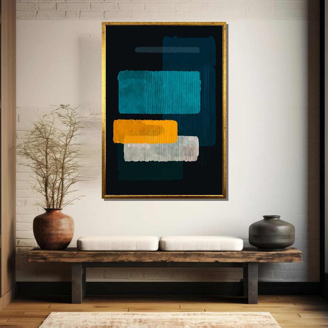 Vibrant Abstract Geometric Painting Teal Mustard And White Accents Modern Artistic Gift For Contemporary Home Decor - Image 5