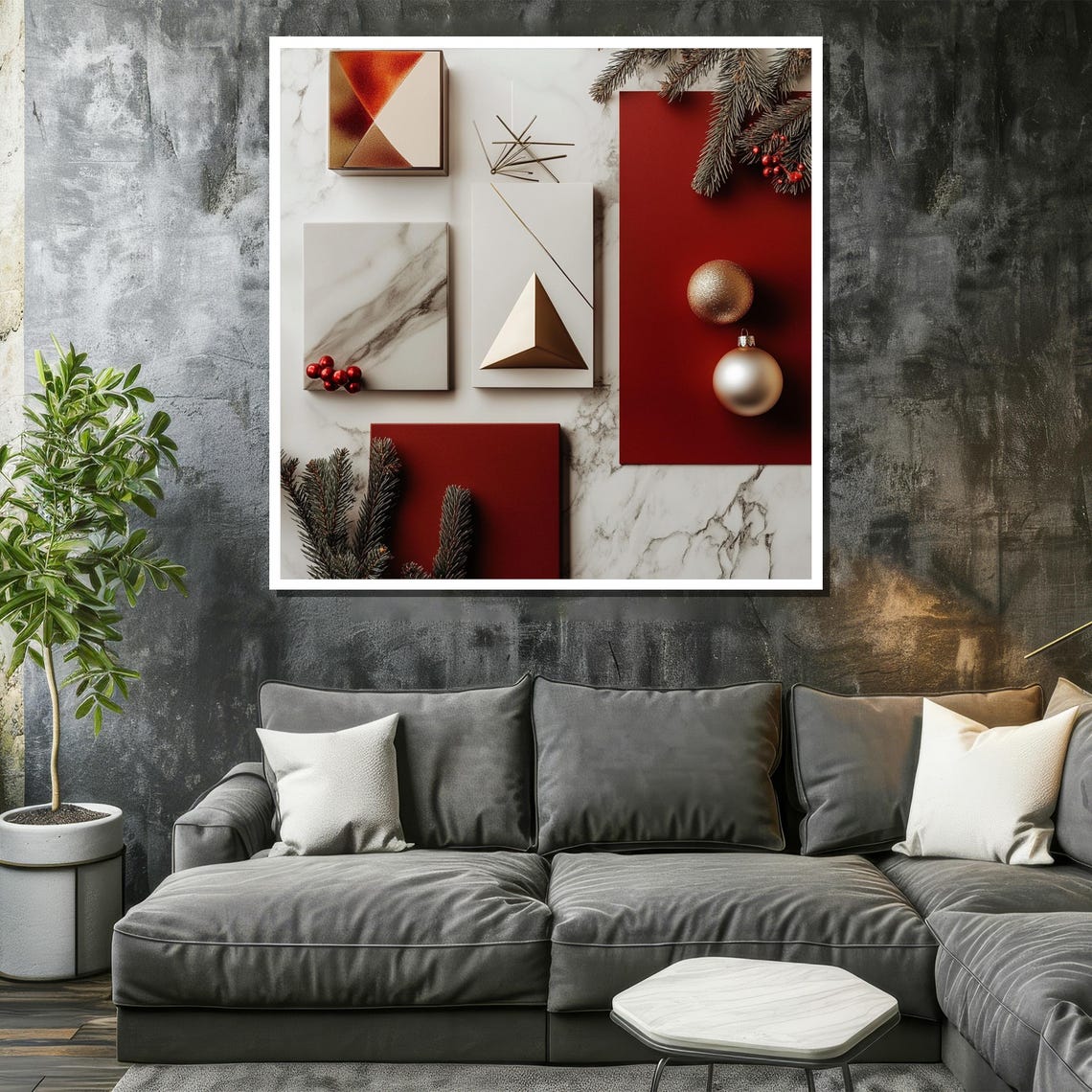 Minimalist Christmas Still Life in Red White and Gold Marble Poster - Image 2