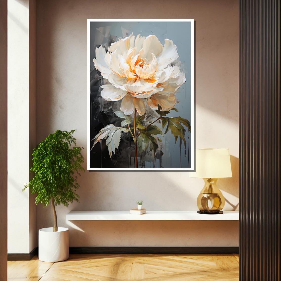 Elegant White Peony Bloom Modern Botanical Large Floral Wall Art - Image 2