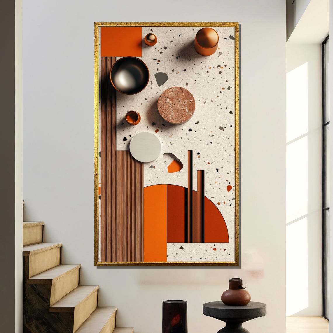 Modern Terrazzo Abstract with Copper Spheres and Wood Slats Poster