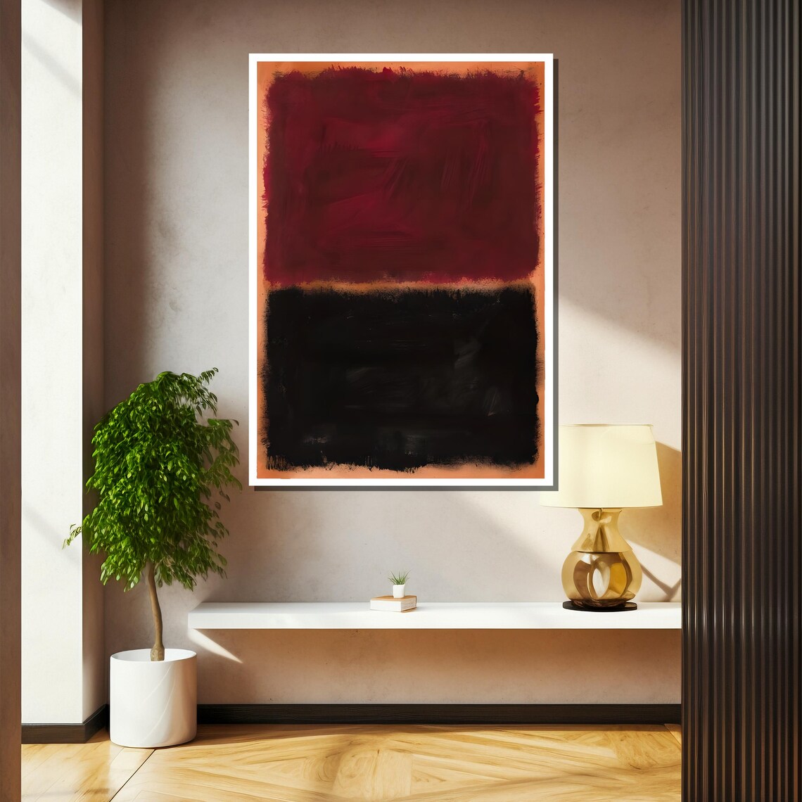 Deep Maroon Over Jet Black Blocks Modern Abstract Art Poster - Image 2