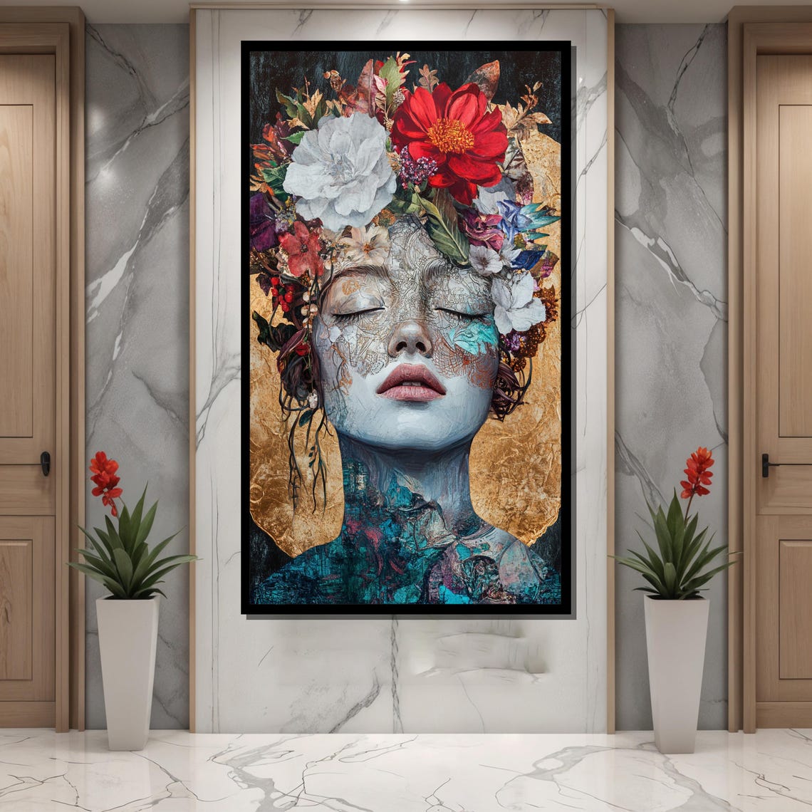 Floral Goddess Serene Portrait Gold Leaf Flower Crown Poster - Image 4