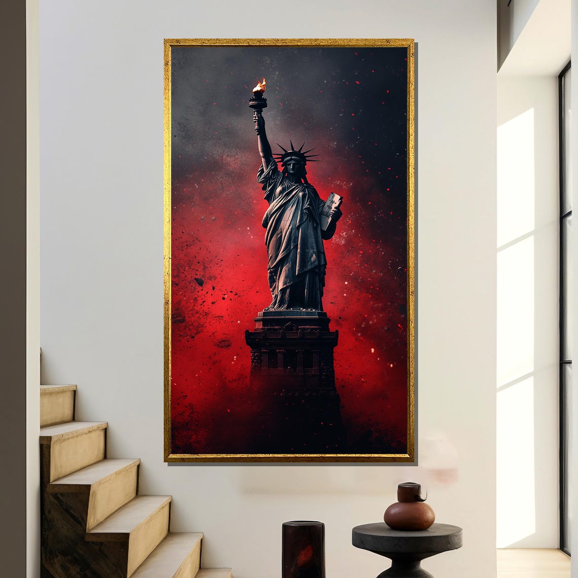Dark Statue Of Liberty Beneath A Dramatic Red Storm Sky Poster