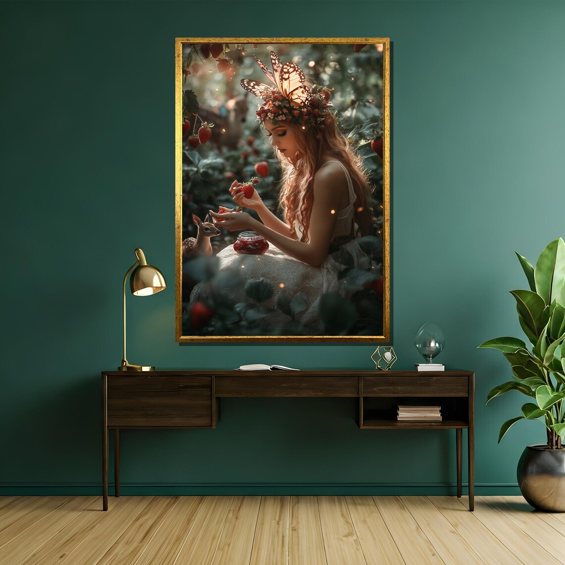 Strawberry Fairy Picking Berries Beside Tiny Fawn Garden Art Poster - Image 5