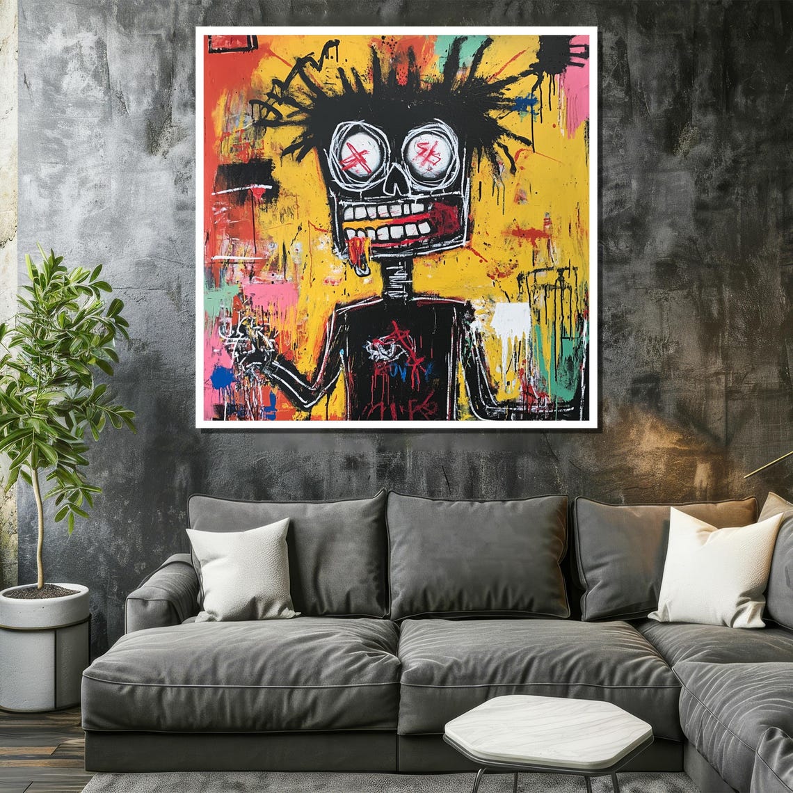 Basquiat-Inspired X-Eyed Skull on Yellow Graffiti Art Poster - Image 2