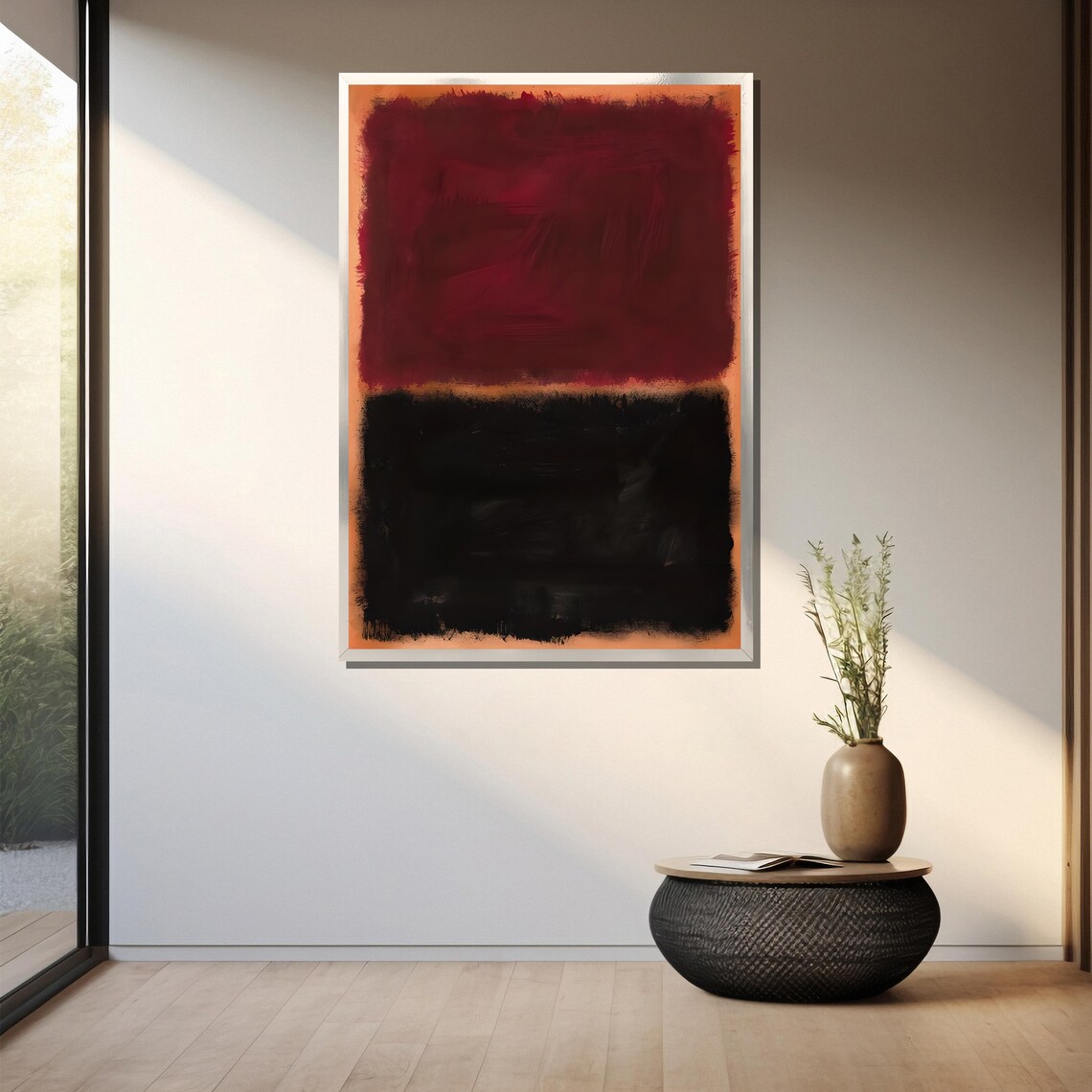 Deep Maroon Over Jet Black Blocks Modern Abstract Art Poster - Image 3