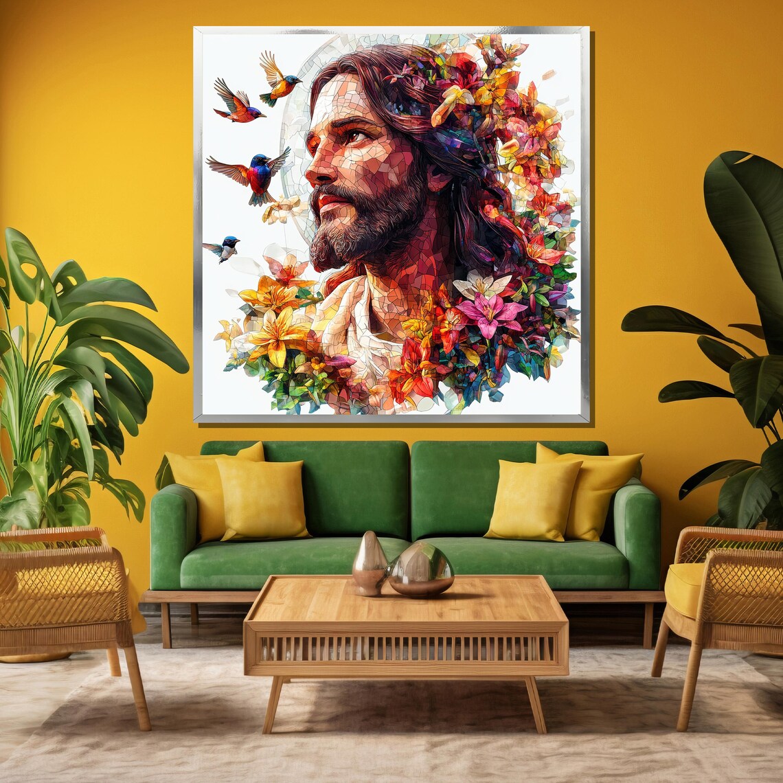 Colorful Stained Glass Jesus Portrait With Flowers and Birds Poster - Image 3