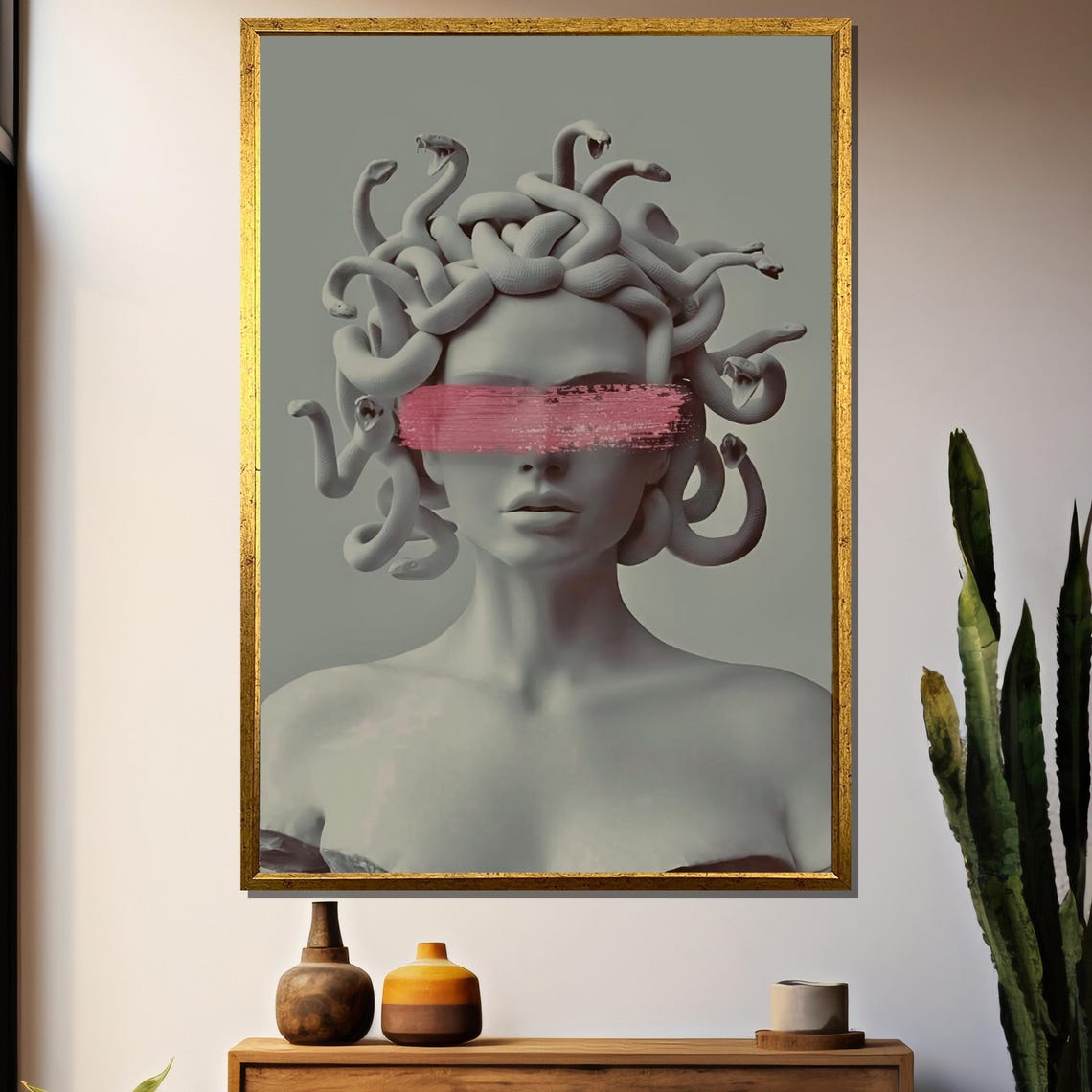 Grey Medusa Bust With Pink Brushstroke Across Closed Eyes Poster