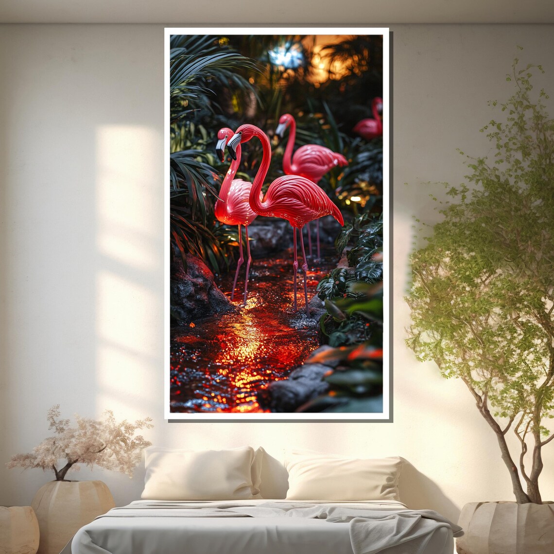 Pink Flamingos Wading in Glowing Ember Stream Tropical Night Poster - Image 2