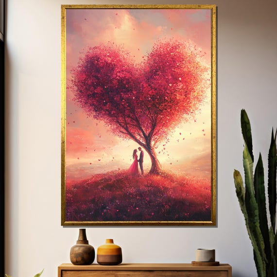 Romantic Couple Painting Heart Shaped Tree Wall Art Love Landscape Artwork Anniversary Gift For Him And Her Dreamy Home Decor