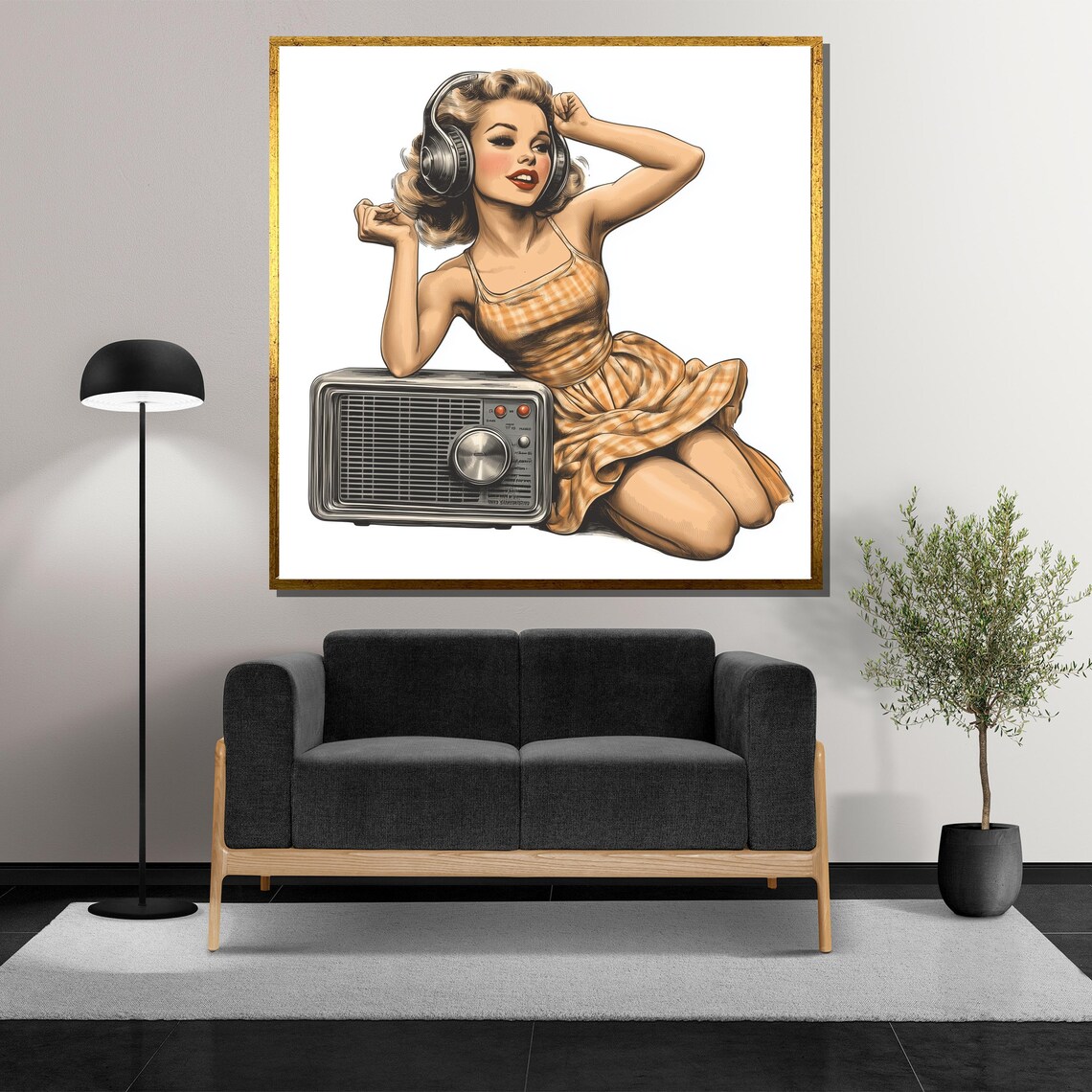 Retro Radio Girl Painting 1950s Vintage Music Art Pin Up Style Wall Decor Midcentury Gift For Music Lovers - Image 5
