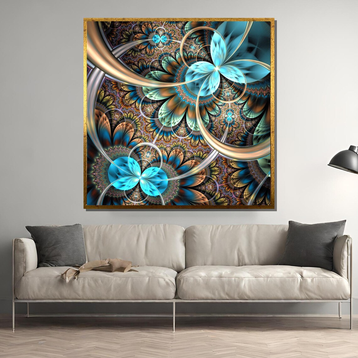 Glowing Turquoise and Amber Fractal Flower Abstract Art Poster