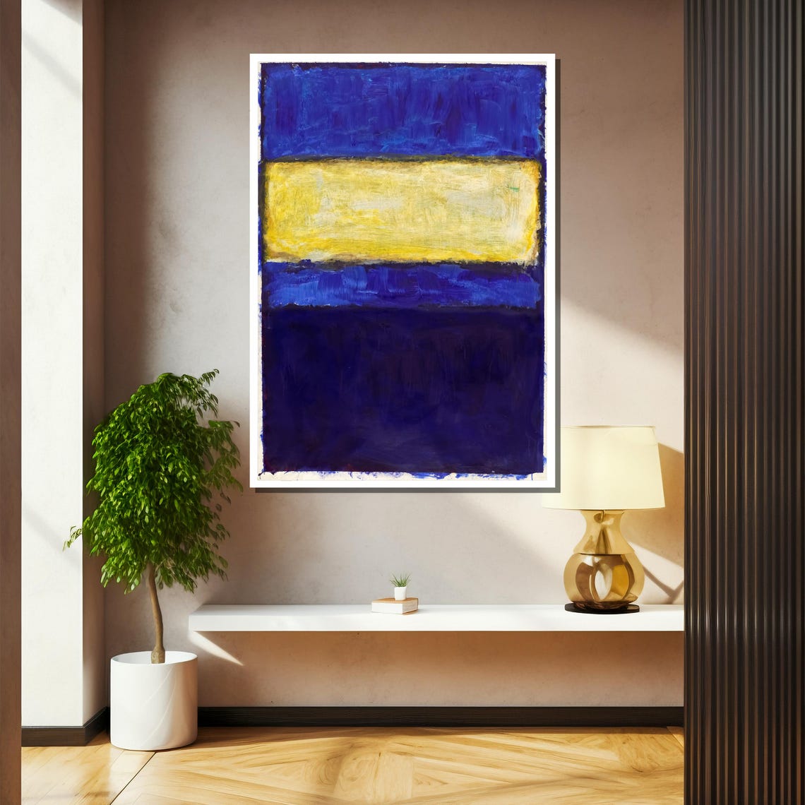 Deep Blue With Golden Yellow Band Modern Abstract Art Poster - Image 2