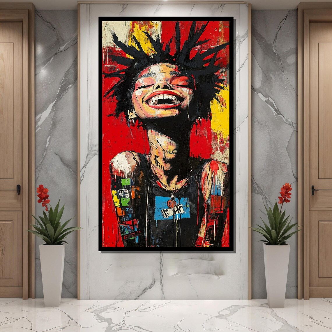 Laughing Punk Girl with Spiky Hair in Red and Yellow Street Art Poster - Image 4