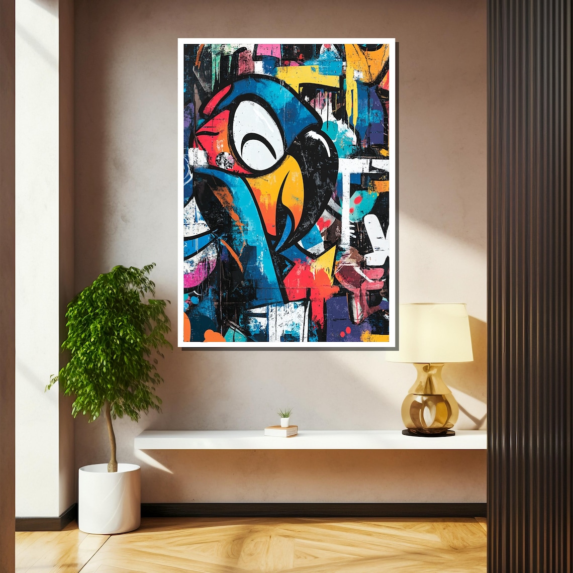 Graffiti Parrot Head in Blue Red and Yellow Street Art Bird Poster - Image 2