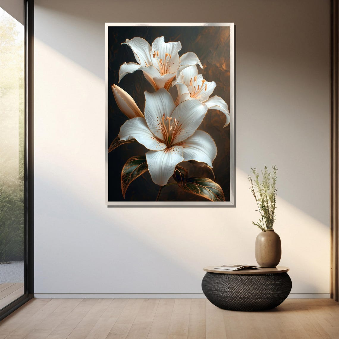 White Lilies With Golden Edged Petals Elegant Floral Wall Art - Image 3
