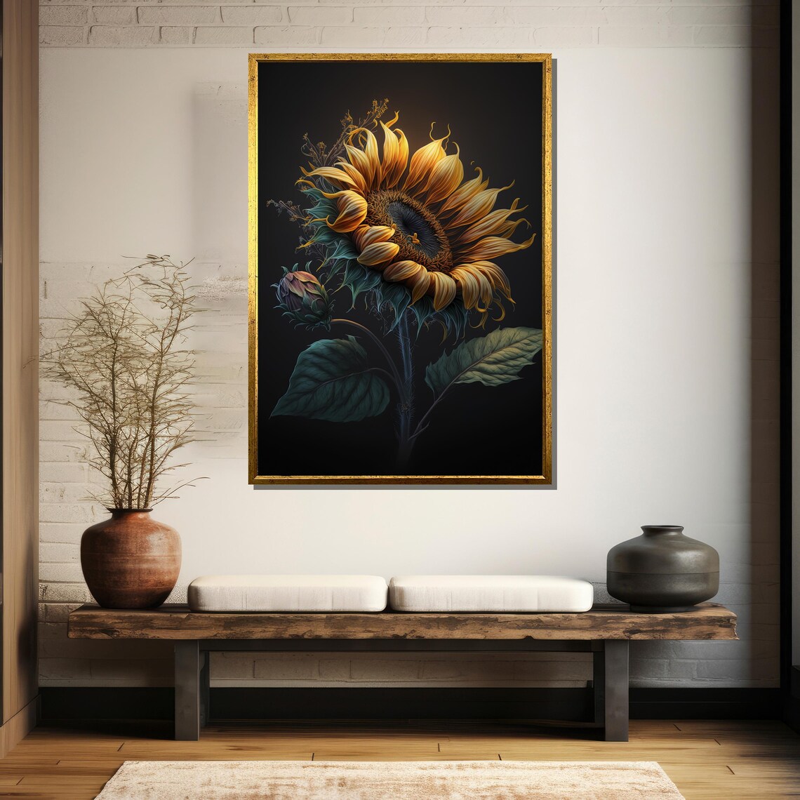 Dramatic Glowing Sunflower On Black Background Moody Floral Art Poster - Image 5