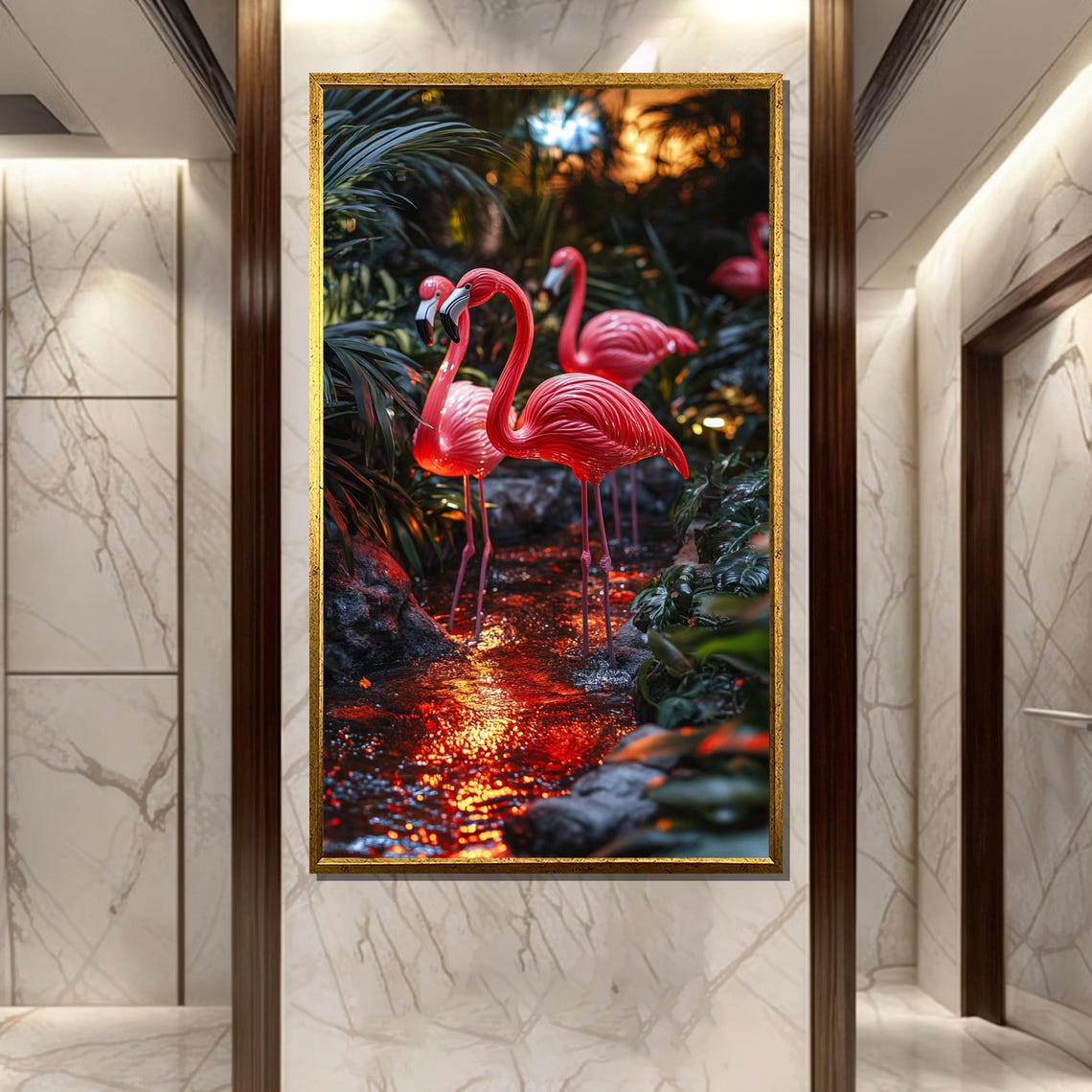 Pink Flamingos Wading in Glowing Ember Stream Tropical Night Poster