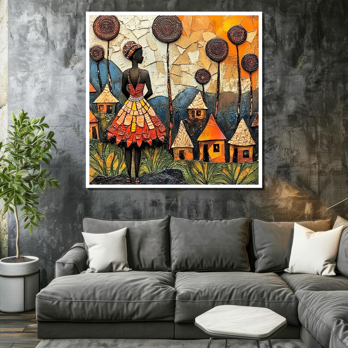 Abstract African Woman In Vibrant Traditional Dress Painting Tribal Village Scene Unique Ethnic Art Gift - Image 2