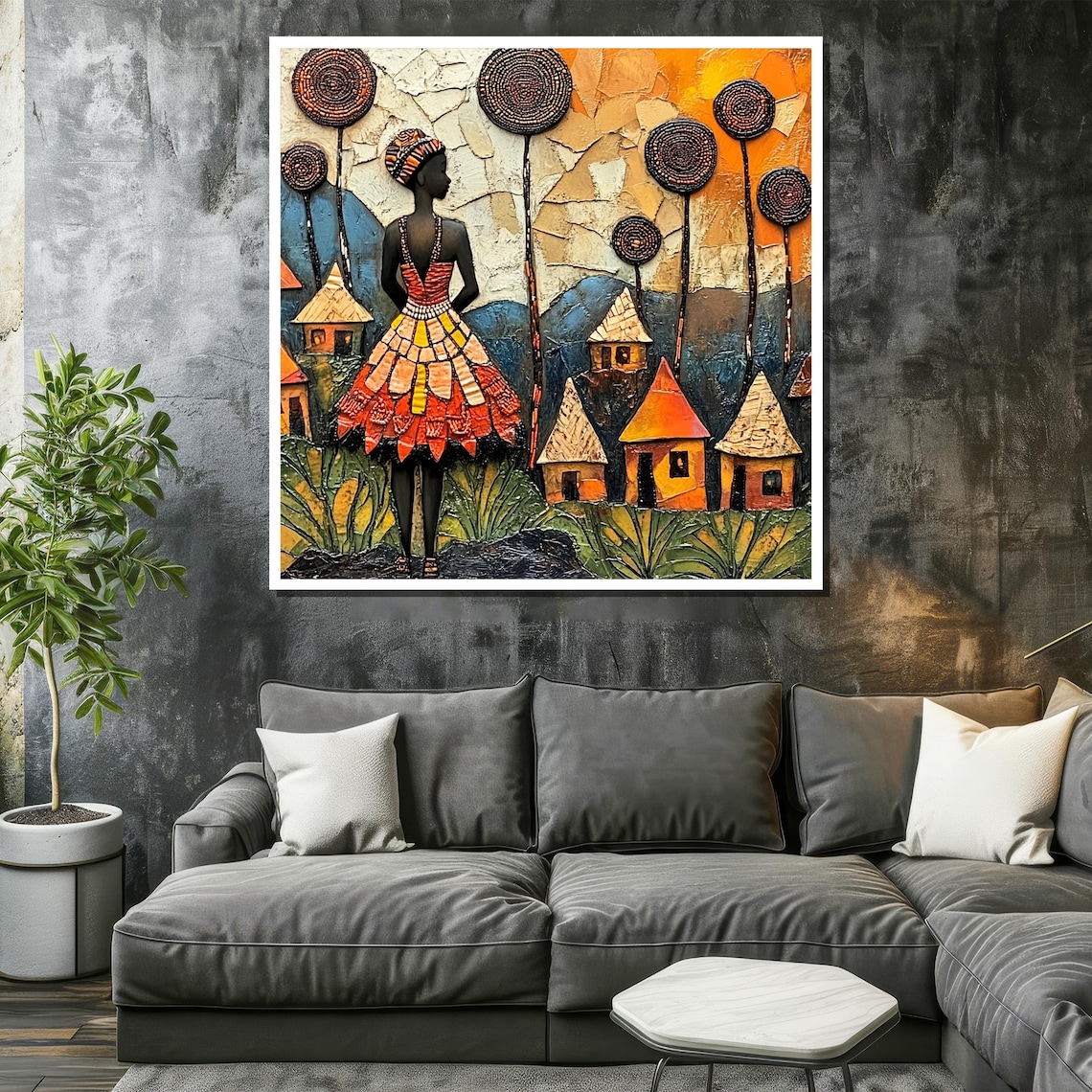 African Woman in Vibrant Mosaic Dress Overlooking Village Poster - Image 2