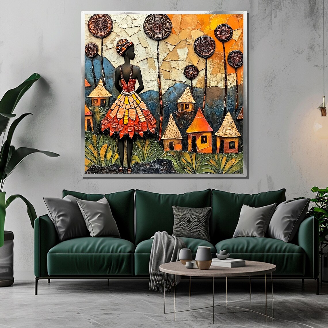 Abstract African Woman In Vibrant Traditional Dress Painting Tribal Village Scene Unique Ethnic Art Gift - Image 3