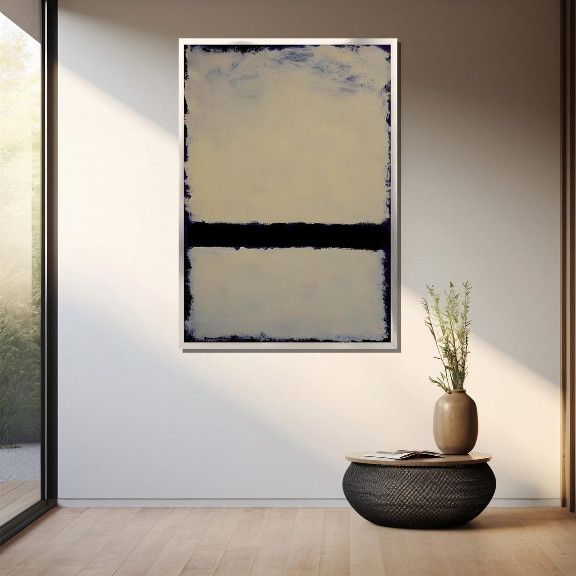 Soft Ivory Split By A Bold Black Abstract Color Field Poster - Image 3