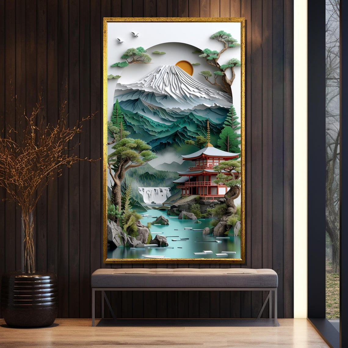Elegant Japanese Paper Landscape Art Mountain Temple Scene With Waterfall And Trees Traditional Style Painting Gift - Image 5